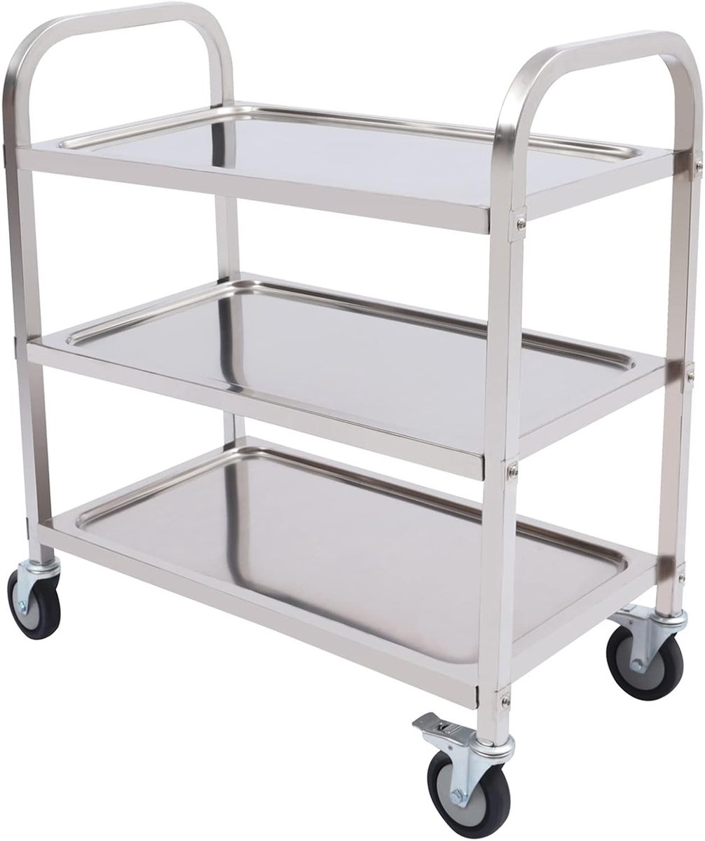 Drie-laagse RVS Service Trolley met 3 Planken en Universele Wielen voor Eten en Keuken, Inclusief Rem (75 x 40 x 83.5 cm)