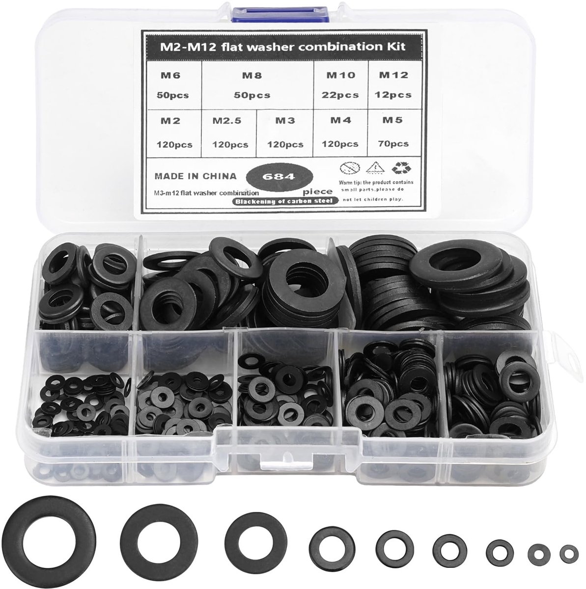 Dailygoods - Dailygoody - Vlakke Sluitringen - Sluitringen Set 684 Stuks - Koolstofstaal - Corrosiebestendig - Multifunctionele Bevestigingsmiddelen - Geschikt voo