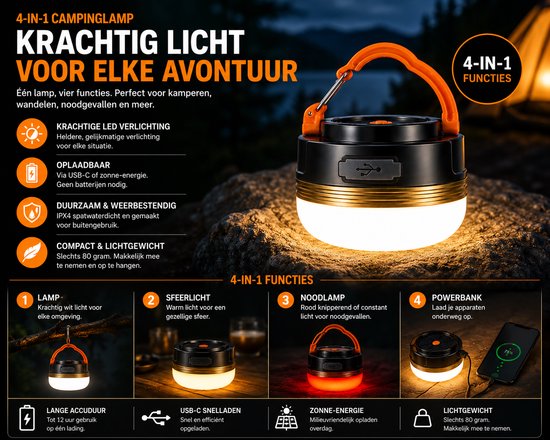 Campinglamp LED oplaadbaar USB-C- Tentlamp - Solar Powerbank - kampeerlamp Buitenlamp — afbeelding 4