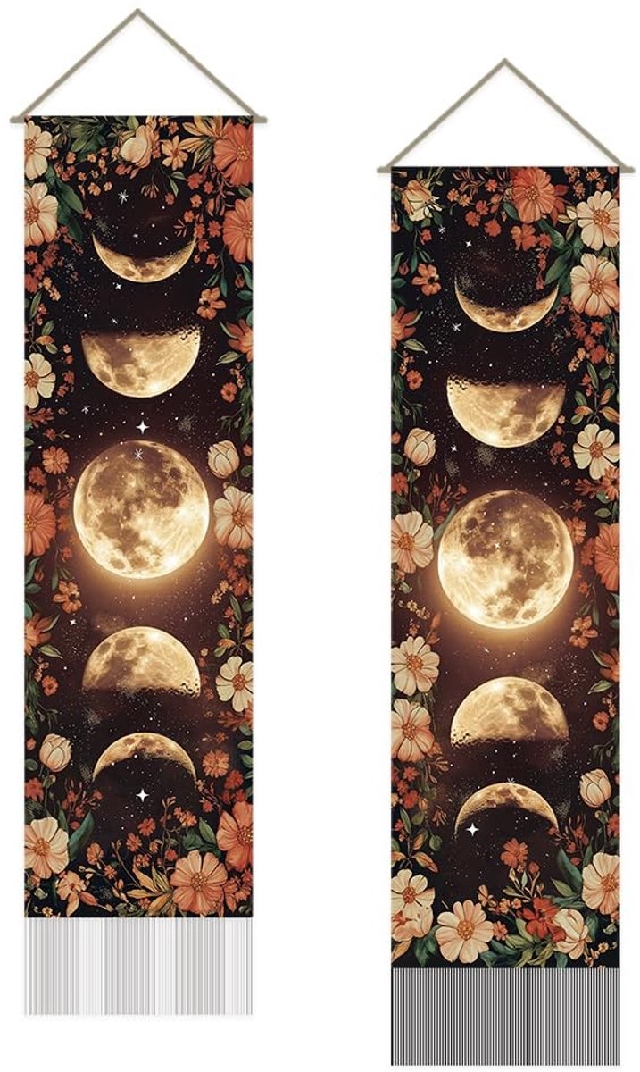 Dailygoods - Dailygoody - Wandtapijten - Maanfase Wanddecoratie - 2 Stuks - 117 x 33 cm - Uniek Woonaccessoire - Geschikt voor Woonkamer en Slaapkamer
