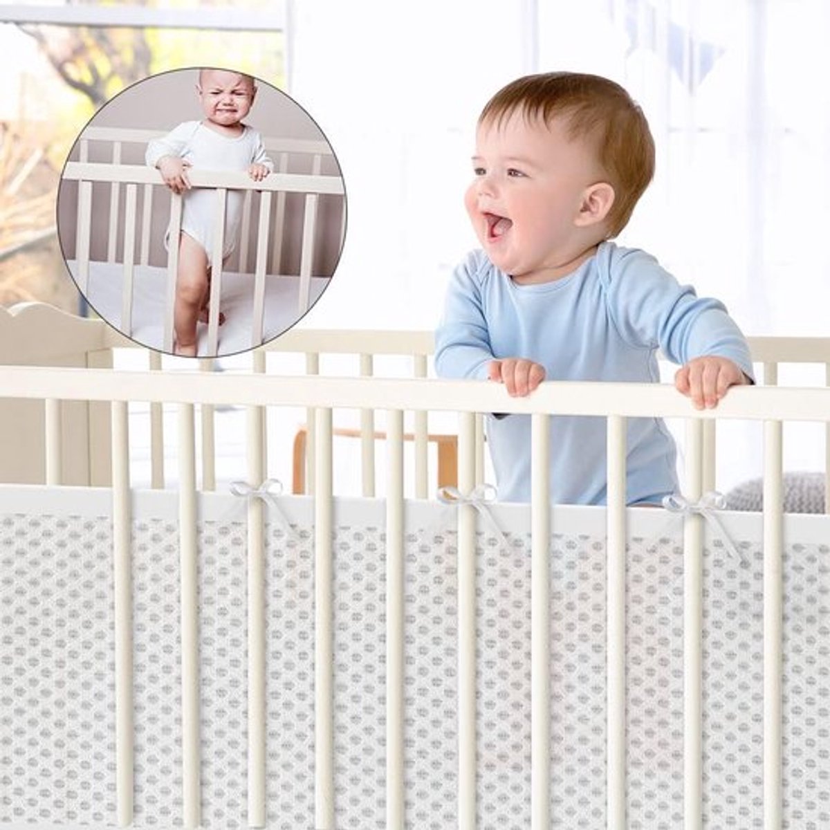 Baby Bedomrander Set - Set Van 2 - Bedbumper - Bed Zijbeschermers - Anti Stootrand - Ademende Mesh - Babyveiligheid - Hoofdbeschermer - Omrander Voor In Ledikant - 320x27cm & 150x27cm - Wit – foto 2