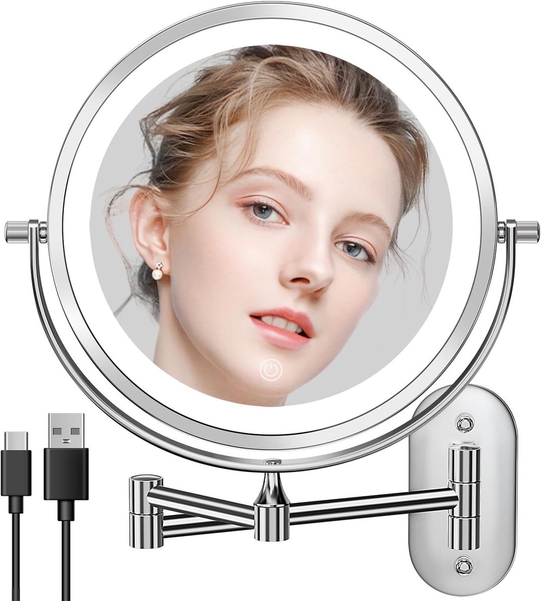 Verlicht Make-up Spiegel met Oplaadbare Batterij, Dimbare Verlichting, 3 Kleuren en 360° Rotatie voor Badkamer en Scheren