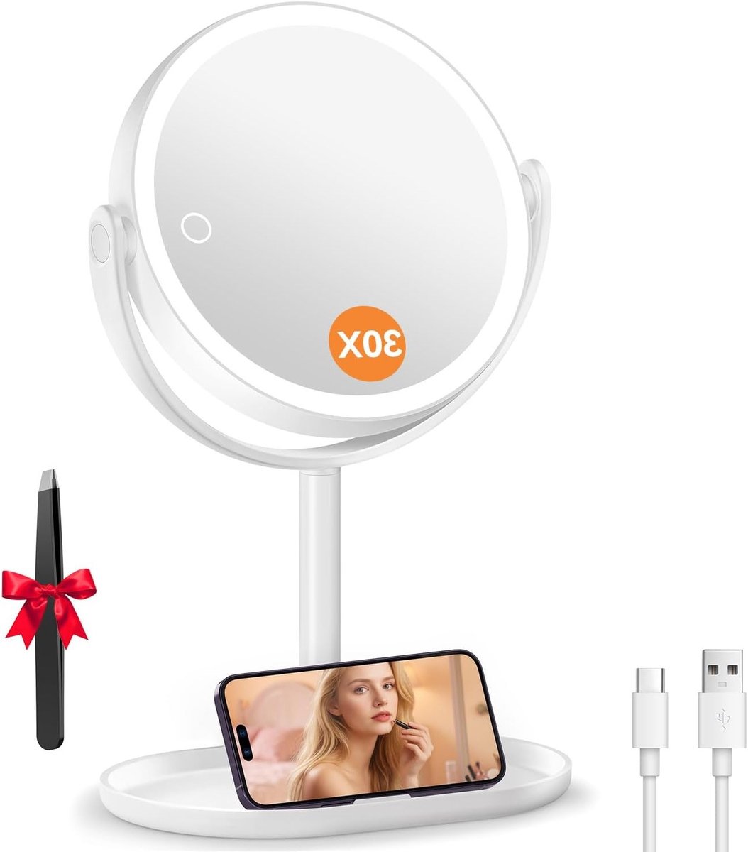 Verlicht 30X Vergrotende Make-up Spiegel met Oplaadbare Functie, 9" Dimbare Spiegel met Tangen, 360° Vrijstaand en Afneembaar voor Perfecte Make-up in de Slaapkamer