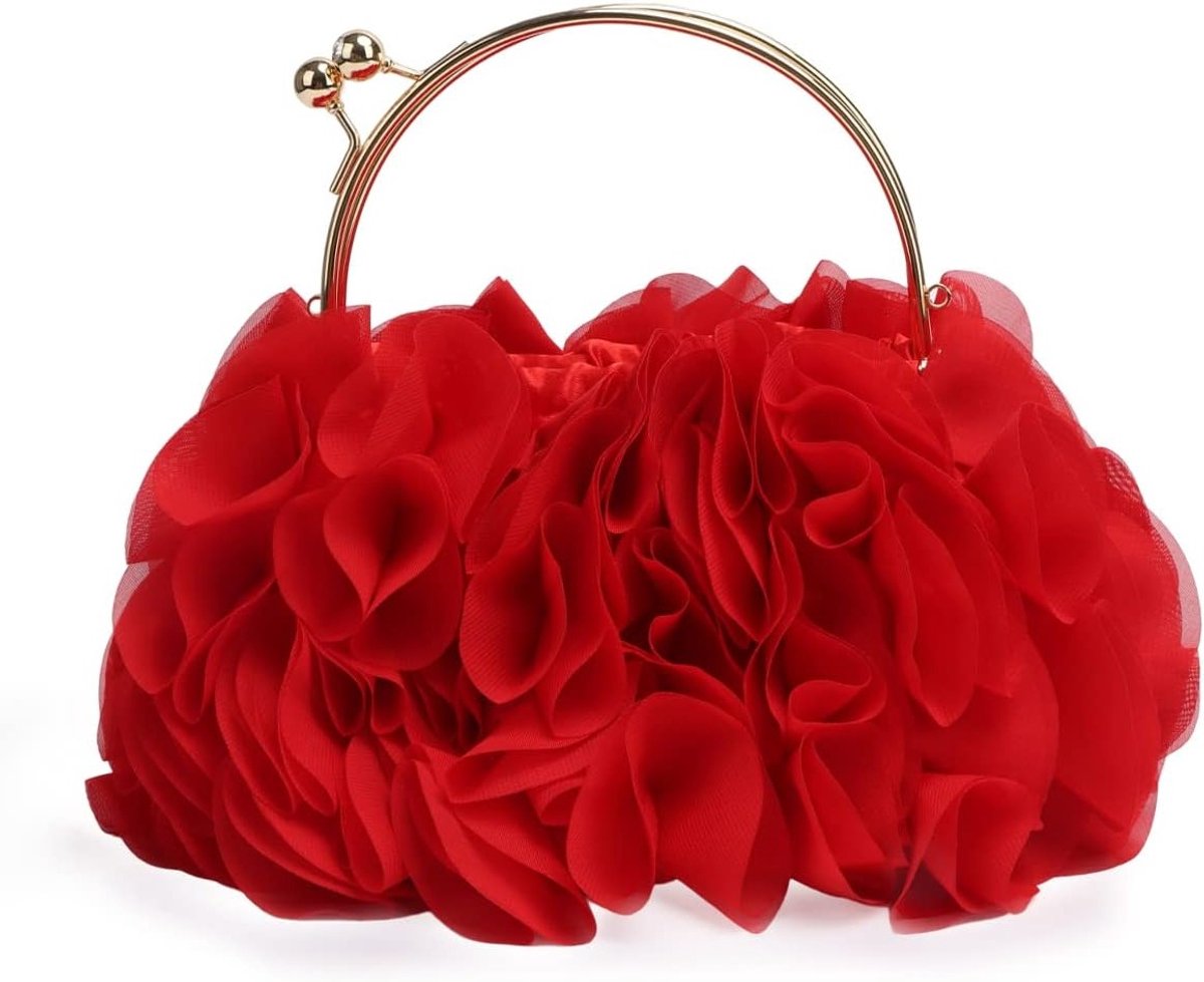 Stijlvolle rode bloemen clutch handtas van satijn voor avondfeest en prom, 20 * 16 * 9 CM, elegant en trendy