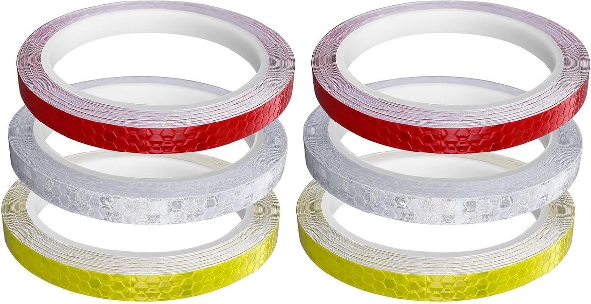 Reflecterende Tape Set van 6 Rollen, 10mm x 8m - Waterdichte Plakband voor Fiets, Helm en Pedalen - Veiligheidsstickers in Rood, Wit en Geel