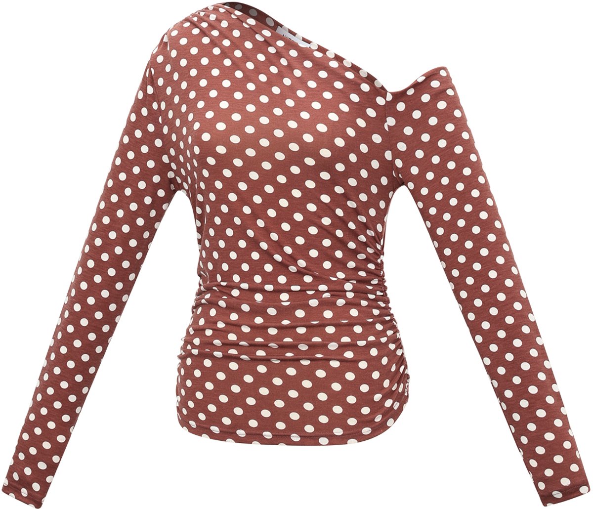 Gimme - Off-Shoulder Polkadot Longsleeve – Trendy Top met Stippenprint – Modieus Shirt met Lange Mouwen - Rood - Maat M