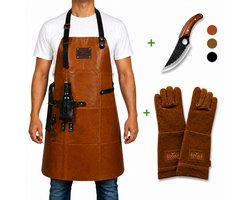 STORX Leren BBQ Set – Leren Schort + Koksmes + Barbecue Handschoenen – Lichtbruin Echt Leer – 2 Jaar Garantie – Luxe Grillset met Slagers Mes (27,6 cm) & Schort (81x56 cm) – Stoer Cadeau voor Mannen