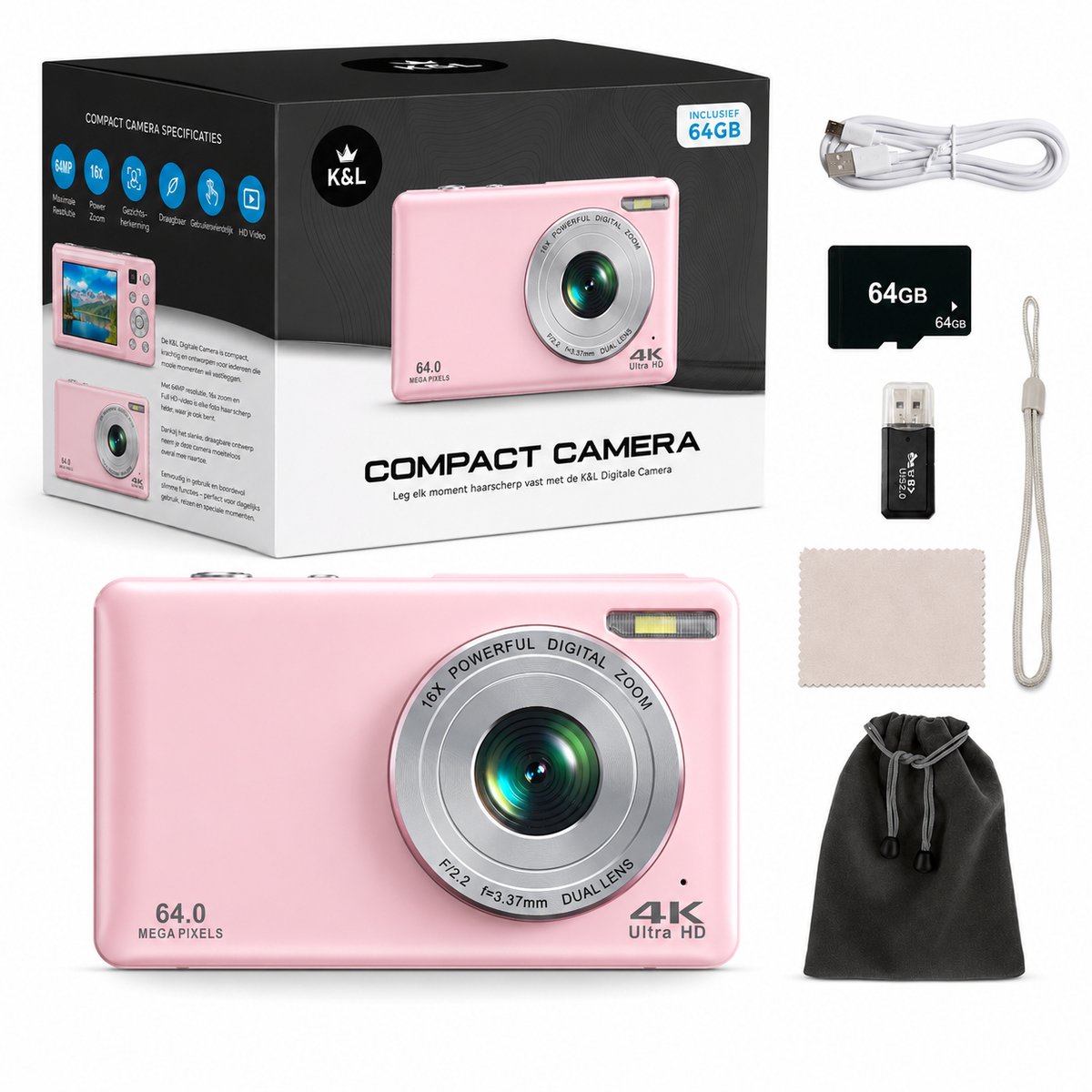 K&L Digitale Camera - 4K Ultra HD & 64MP - 64GB - Fotocamera - Inc. Selfiecamera - Vlog Camera voor Kinderen - Compact Camera - Foto & Video - Dual Lens - 16x Zoom