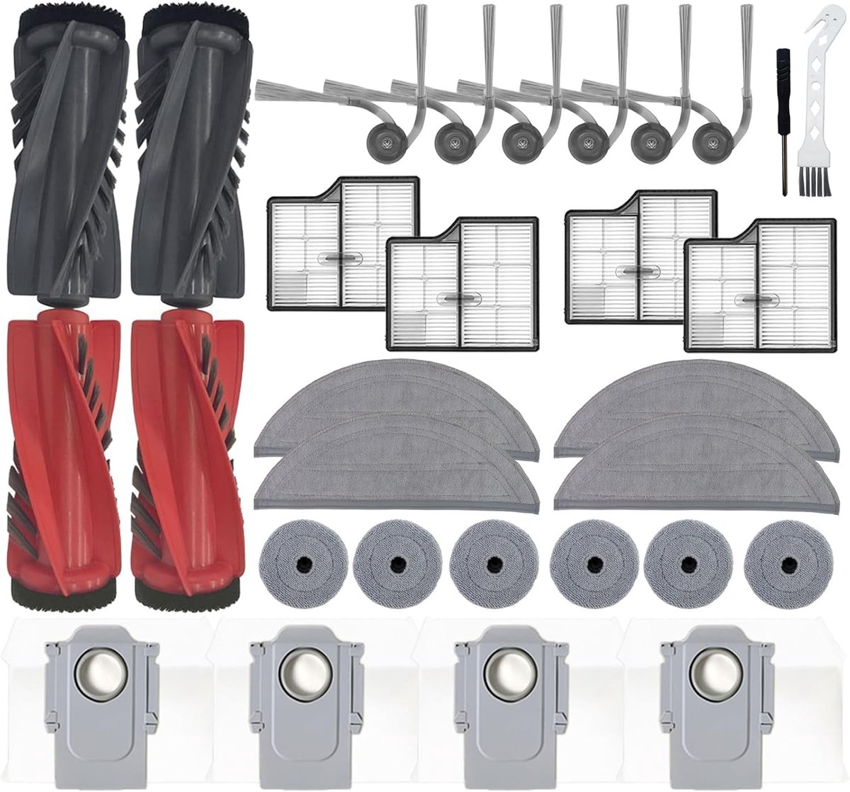 30 stuks -geschikt voor Roborock Saros 10/ G 30 - decoratieve accessoires - accessoireset - 4 hoofdborstels,4 stofzakken, 4 dweilpads,4 HEPA-filters ,6 Randdoek ,6 zijborstels,