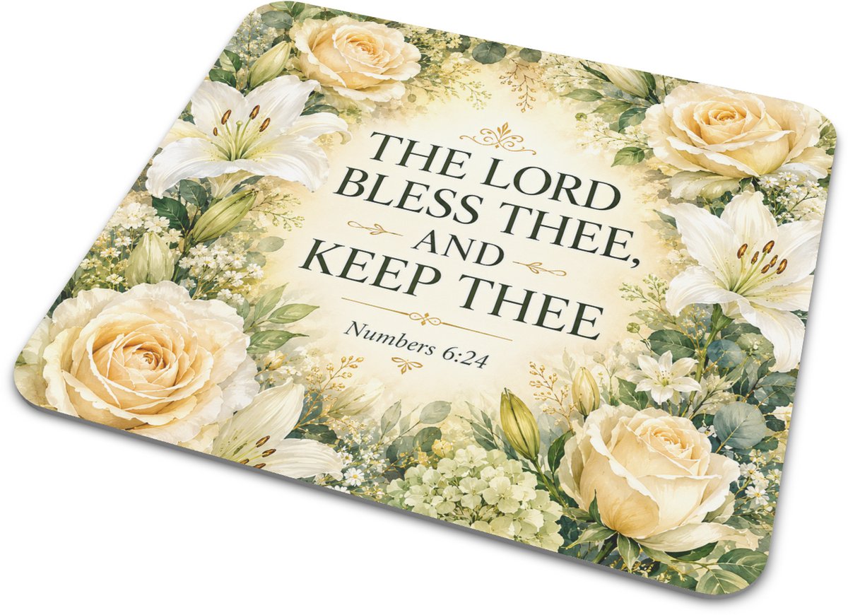Muismat - Bijbeltekst The Lord Bless Thee And Keep Thee Numbers 6: 24 - Aquarel Crème Rozen en Lelies - Christelijk Cadeau - Bureau Muismat
