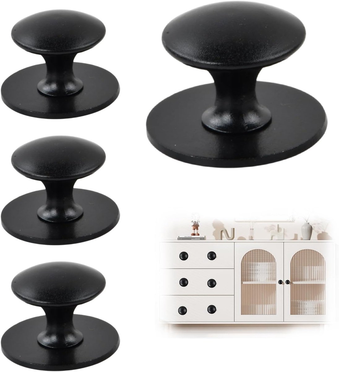 Set van 4 zelfklevende meubelknoppen, zwart, roestvrij staal, ronde kastknoppen voor lades