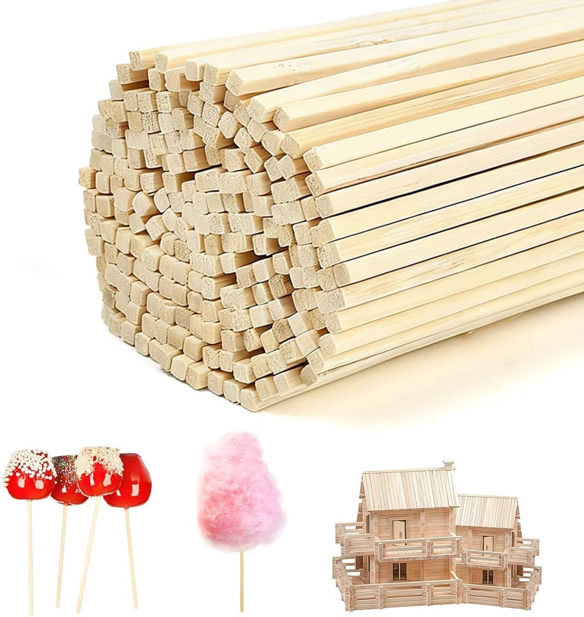 200 Suikerspinstaafjes 30 cm x 4 mm - Houten staafjes voor knutselen, DIY-projecten en houtbewerking