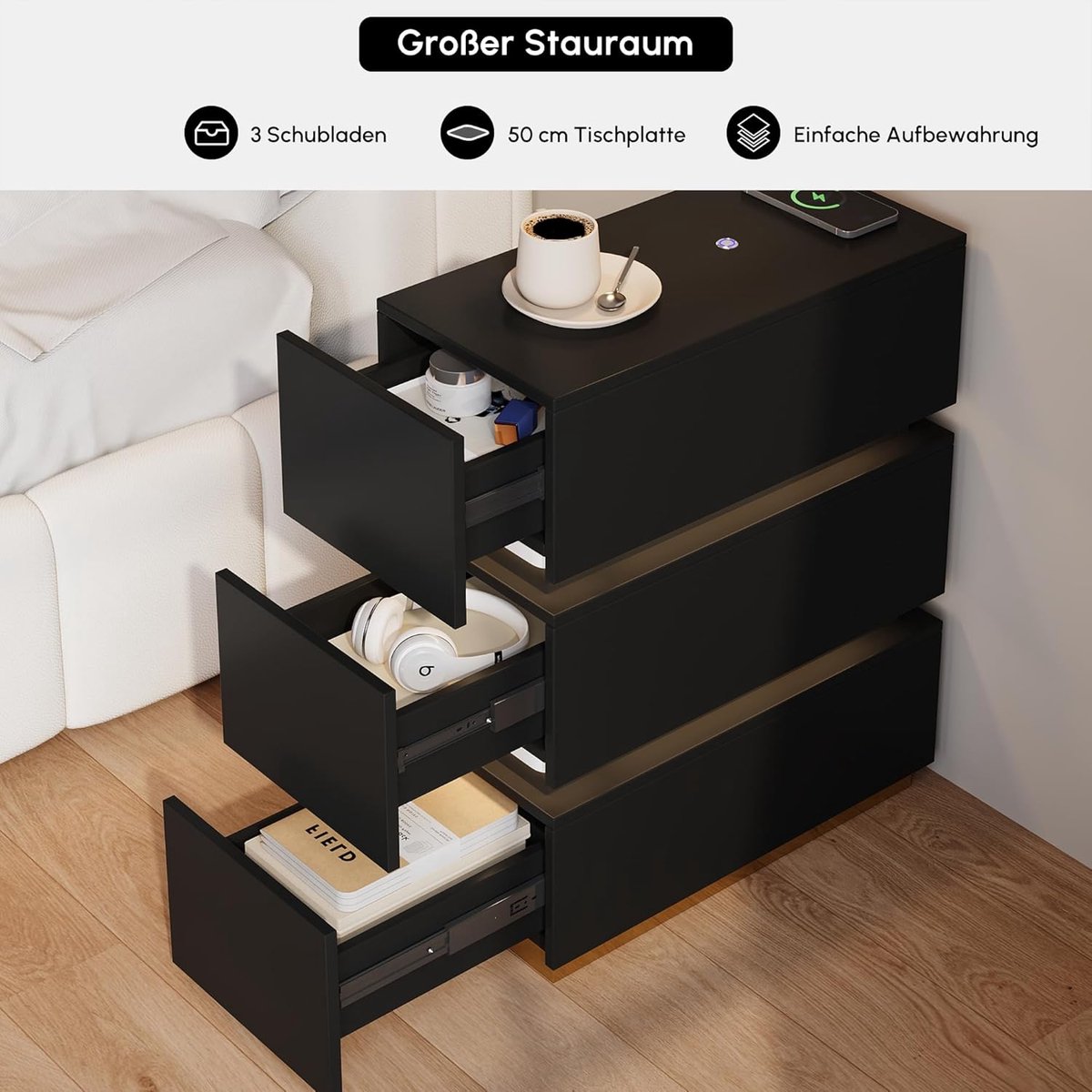 Nachtkastje Set van 2 met Draadloos Opladen, LED Verlichting, USB & USB-C Poorten, 3 Laden, 60 x 24 x 50 cm, Smal Modern Nachtkastje voor Slaapkamer, Zwart – Mobili Bella