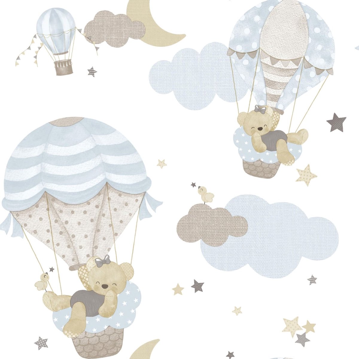 Behang - Beren Luchtballonnen - Wit Blauw - Babykamer Jongen - Dieren - Wolken - Sterren - Maan - Pastel - Scandinavisch - 0,53 x 10,05 M - Happy