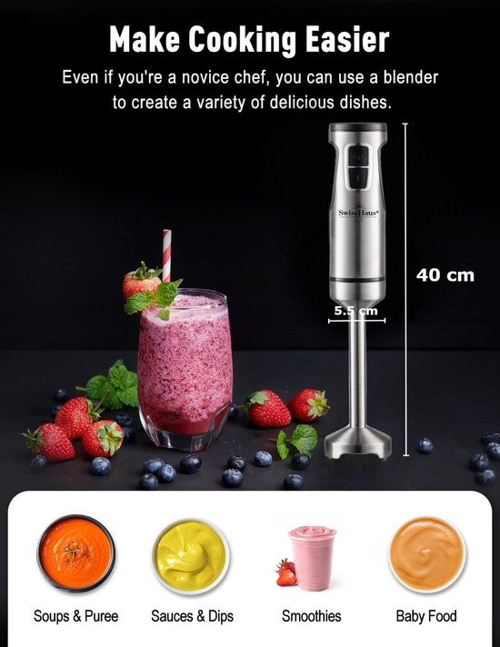 Swiss Haus® HB22 Staafmixer - 1500W – RVS Handblender met 12 Snelheden + Turbo – Titanium 4-bladenmes – RVS