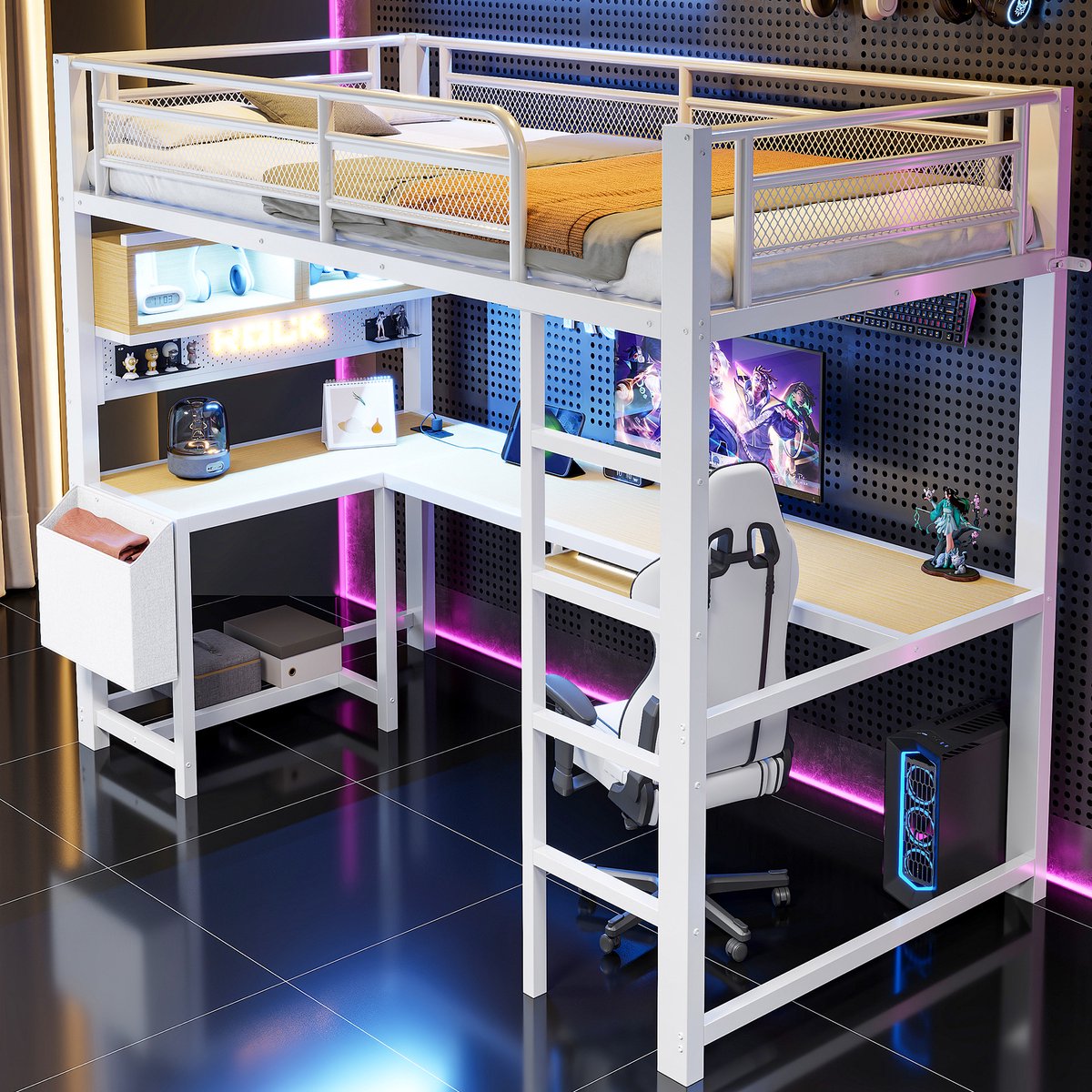 MIVRAY Hoogslaper 90x200 cm - Met Bureau, Ledverlichting En Usb Oplaadpunten - Zonder Matras - Metaal En MDF - Wit
