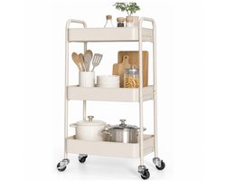 BOTC Keukentrolley op wieltjes - Metalen serveerwagen - Met Haakjes en Bakjes - keukentrolley - 3 lagen - Beige