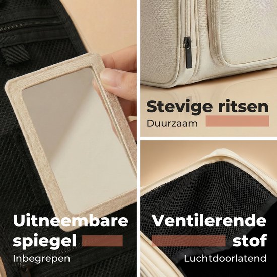 Detail van beige toilettas: uitneembare spiegel, ritssluitingen en ventilerende stof.