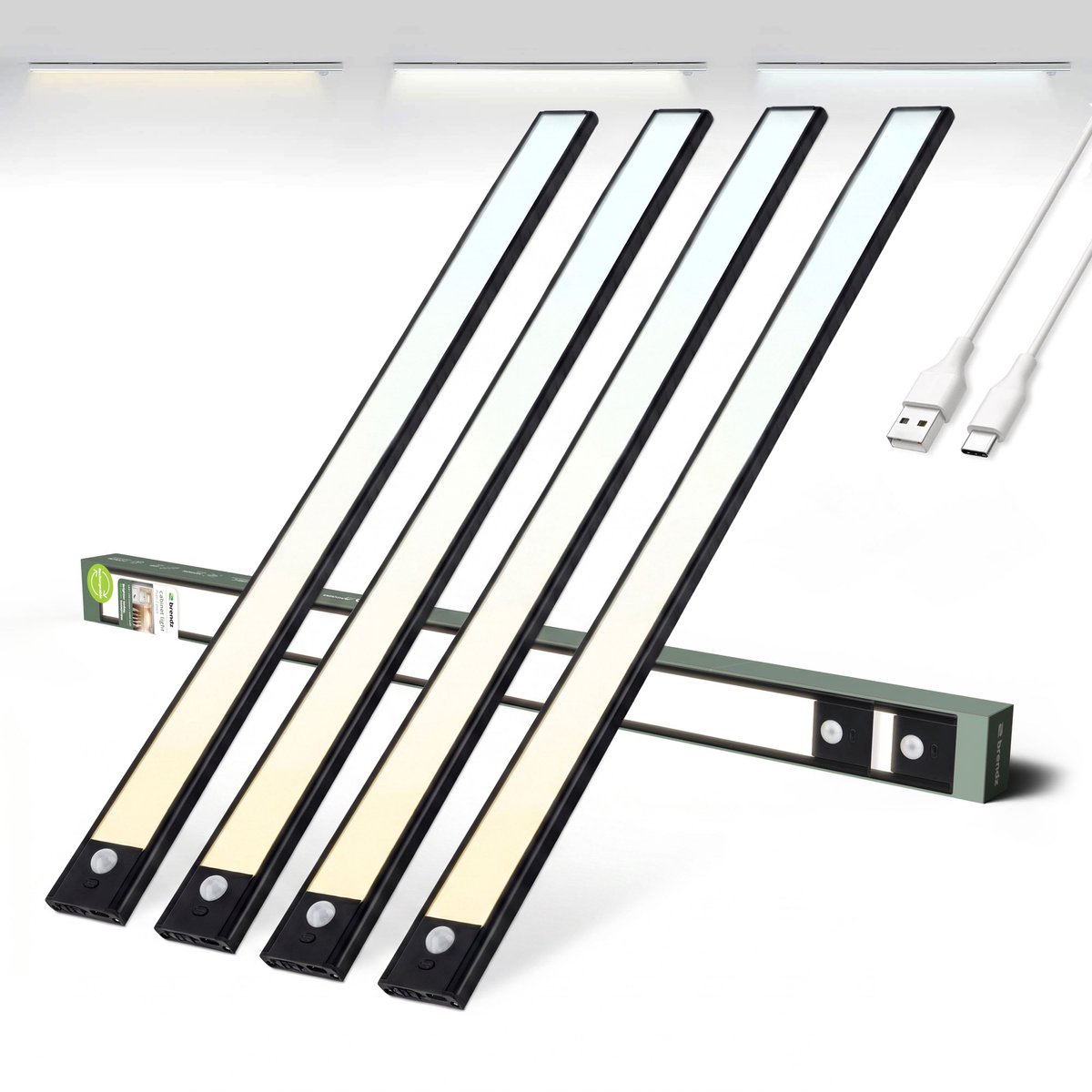 Brendz Keukenverlichting Onderbouw LED, Onderbouwverlichting, 4 x 60cm, USB-C Oplaadbare Led-Strip, 4400mAh, 3 Kleurtemperaturen, Dimbaar, Magnetisch, Keukenverlichting Draadloos, Kastverlichting, Puyo Zwart