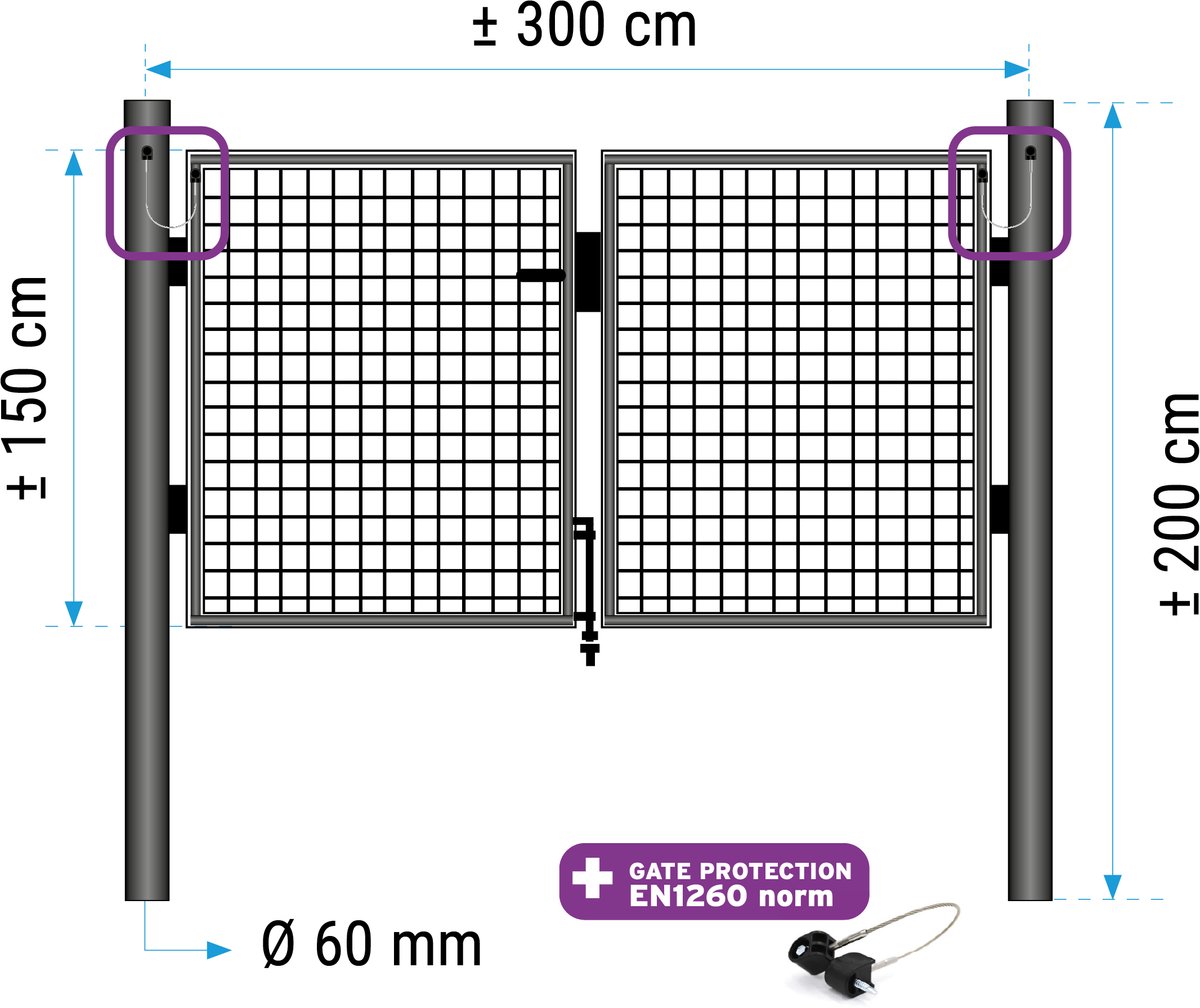 Dubbele poort 150 cm (hoogte) 2 vleugels van 150cm (lengte) RAL 7016 antraciet