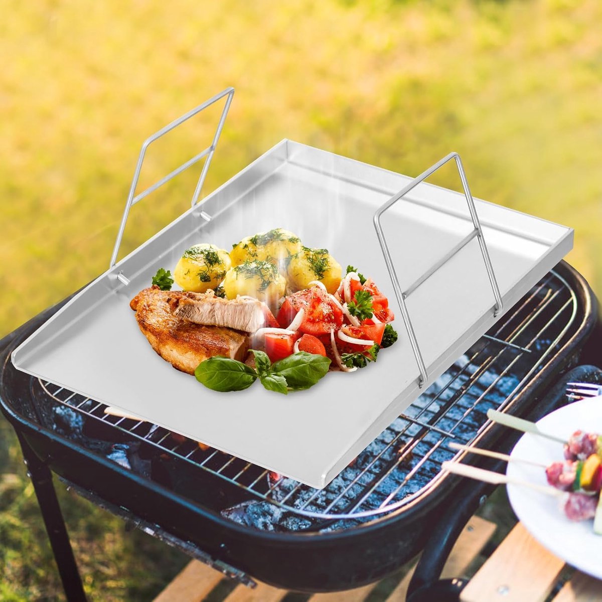 Roestvrijstalen grillplaat - Universele BBQ bakplaat - Buiten koken - Vaatwasserbestendig - 45 x 34 cm - Zilver