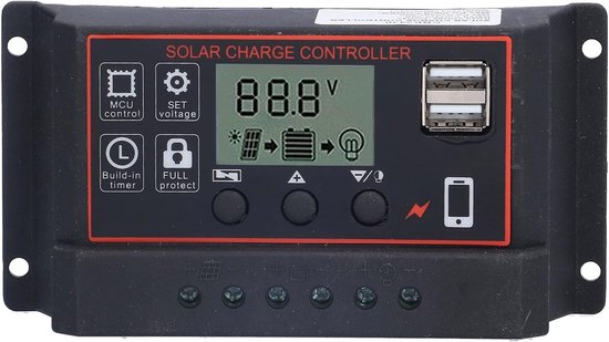 Zwarte solar charge controller met rood frame, digitaal scherm met '8.8.8', twee USB-poorten en knoppen.