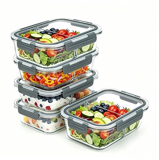 Stapel van 5 glazen meal prep bakjes met twee compartimenten, gevuld met salades, fruit, paprika en pasta.