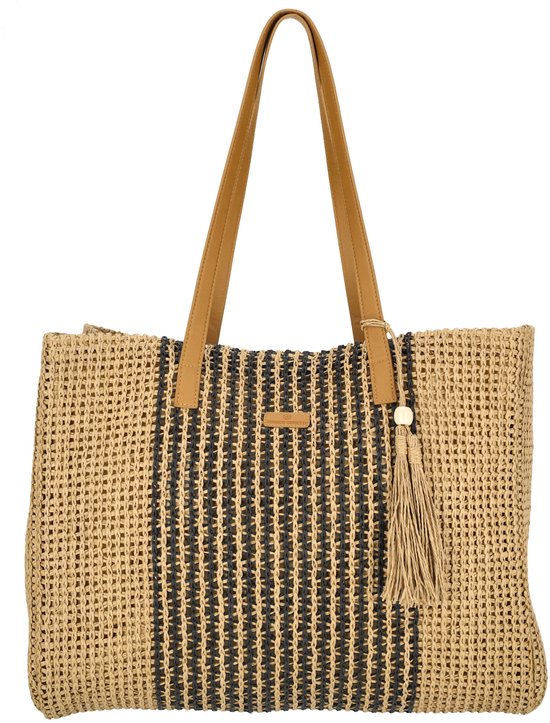 Bruine rieten shopper met zwarte verticale strepen, bruine leren hengsels en een kwastje.