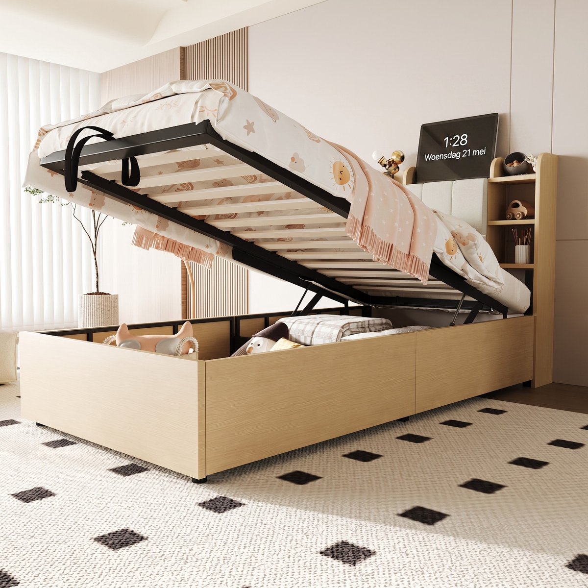 VVBV Houten Eenpersoonsbed met Hydraulische Opbergruimte 90x200 cm - USB-C & Stopcontact - Hout Naturel - Zonder Matras Natural Wood