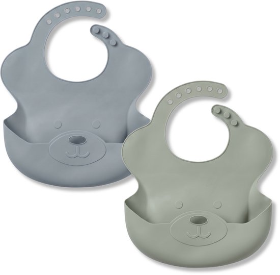 Twee siliconen slabben met berengezicht, één grijs en één lichtgroen.