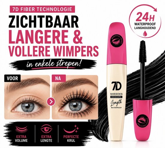Voor en na foto van een oog met de 7D Shedoes mascara: zichtbaar langere en vollere wimpers. Roze en witte mascara tube.