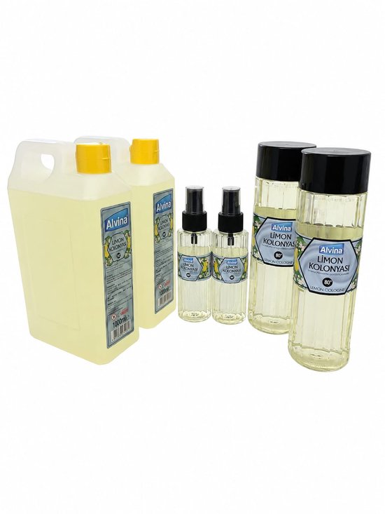 Alvina Limon Kolonyasi: Twee grote flessen van 1000ml, twee spuitflessen van 400ml en twee kleinere flessen van 100ml, allemaal met gele vloeistof en het Alvina-logo.