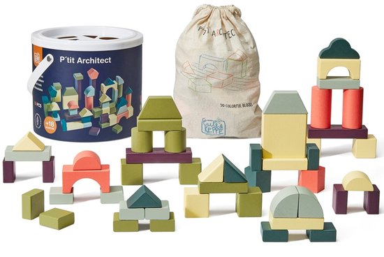 Houten bouwblokken in blauwe bewaartrommel en zak. Speelgoed voor kinderen, 50 blokjes in diverse kleuren.