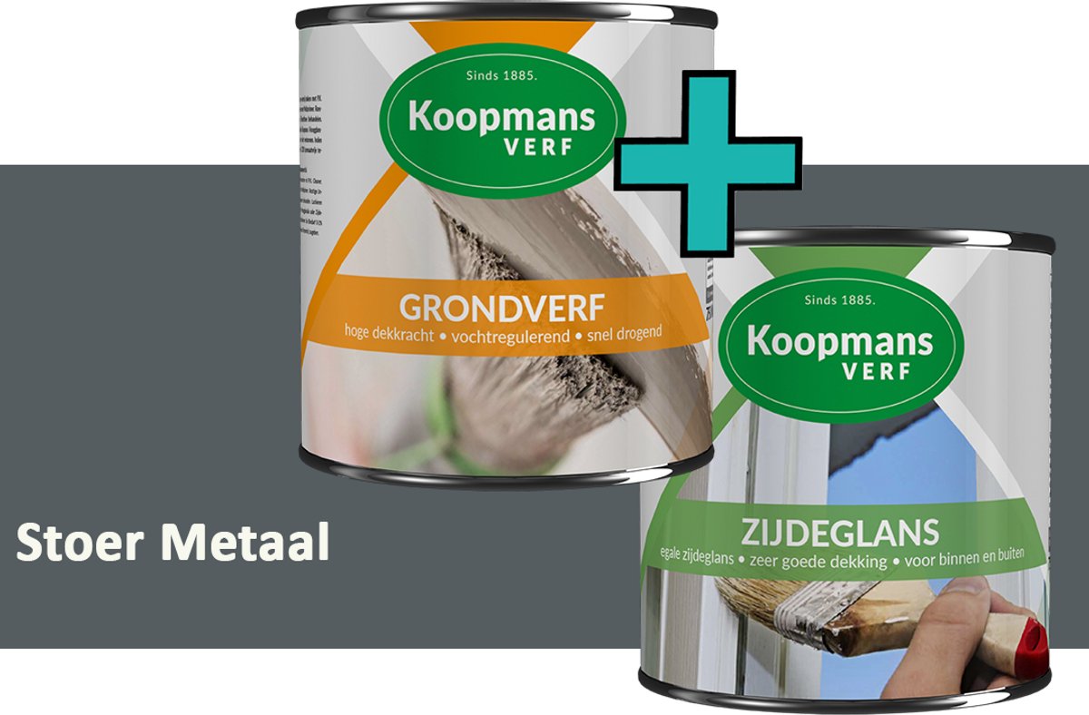 Koopmans Grondverf en Zijdeglans Lakverf - set geschikt voor hout en metaal – Stoer Metaal – 2x – 750 ml