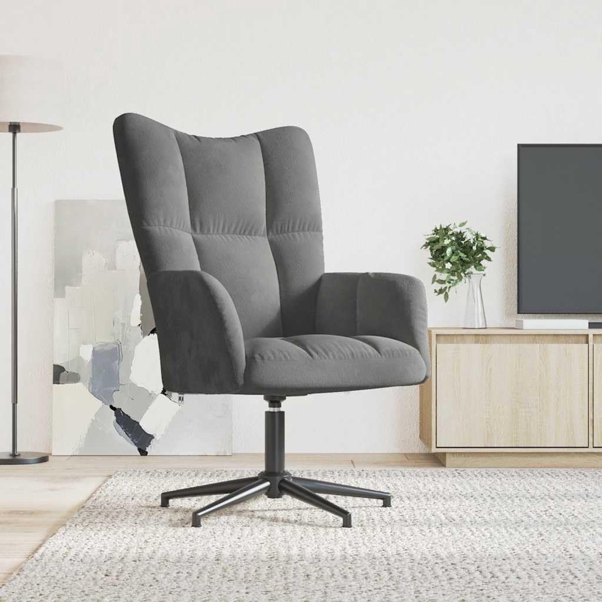 Veloura Luxe Draaifauteuil Donkergrijs Fluweel met Armleuningen 360° Rotatie – Moderne Relaxfauteuil voor Woonkamer en Leeshoek