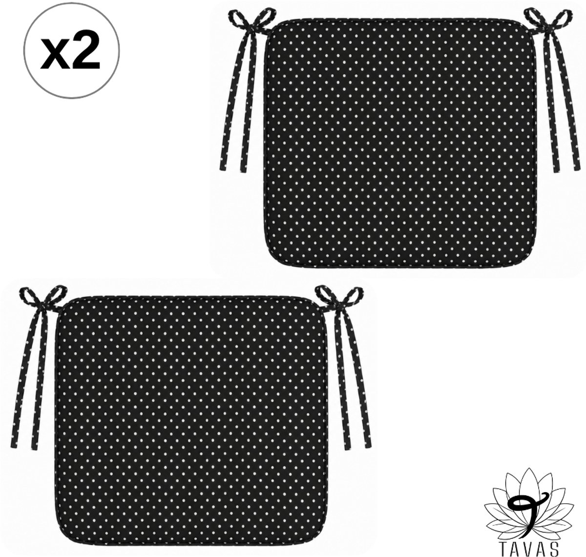 Tavas Stoelkussen - Zwart - 40x40 cm - 2 Stuks - Wit Gestipt Zitkussen voor Eetkamer en Tuinstoelen