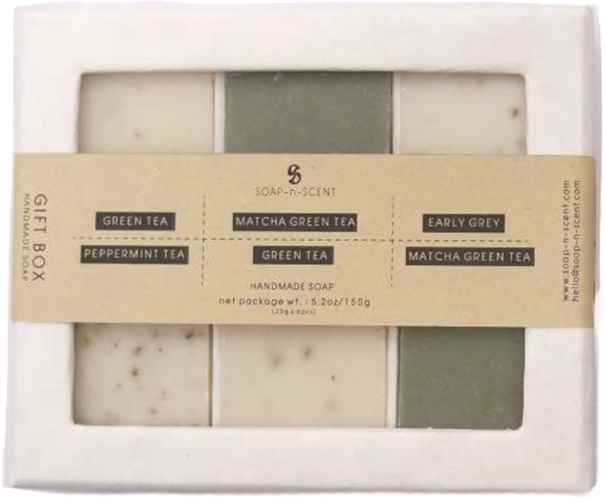 Doosje met zeep - 6 zeepjes - cadeaudoosje met zeep - Tea time - groen en cremewit