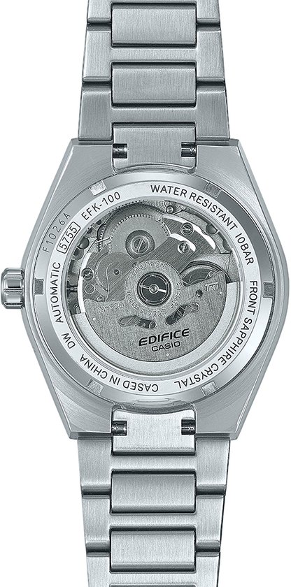 Achterkant van een zilverkleurig Edifice automatisch horloge met een transparante achterkant die het uurwerk toont.