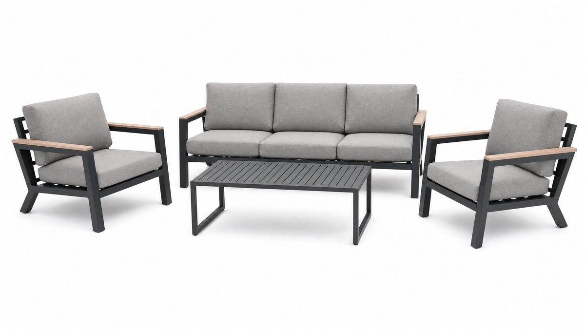 Vita - Emerson loungeset - antraciet - 4-delig - met teak look arm - met steldopjes - onderhoudsarm - met olefin kussens - 2 jaar garantie - dubbel gepoederd coat aluminium - grijs/licht bruin kussens