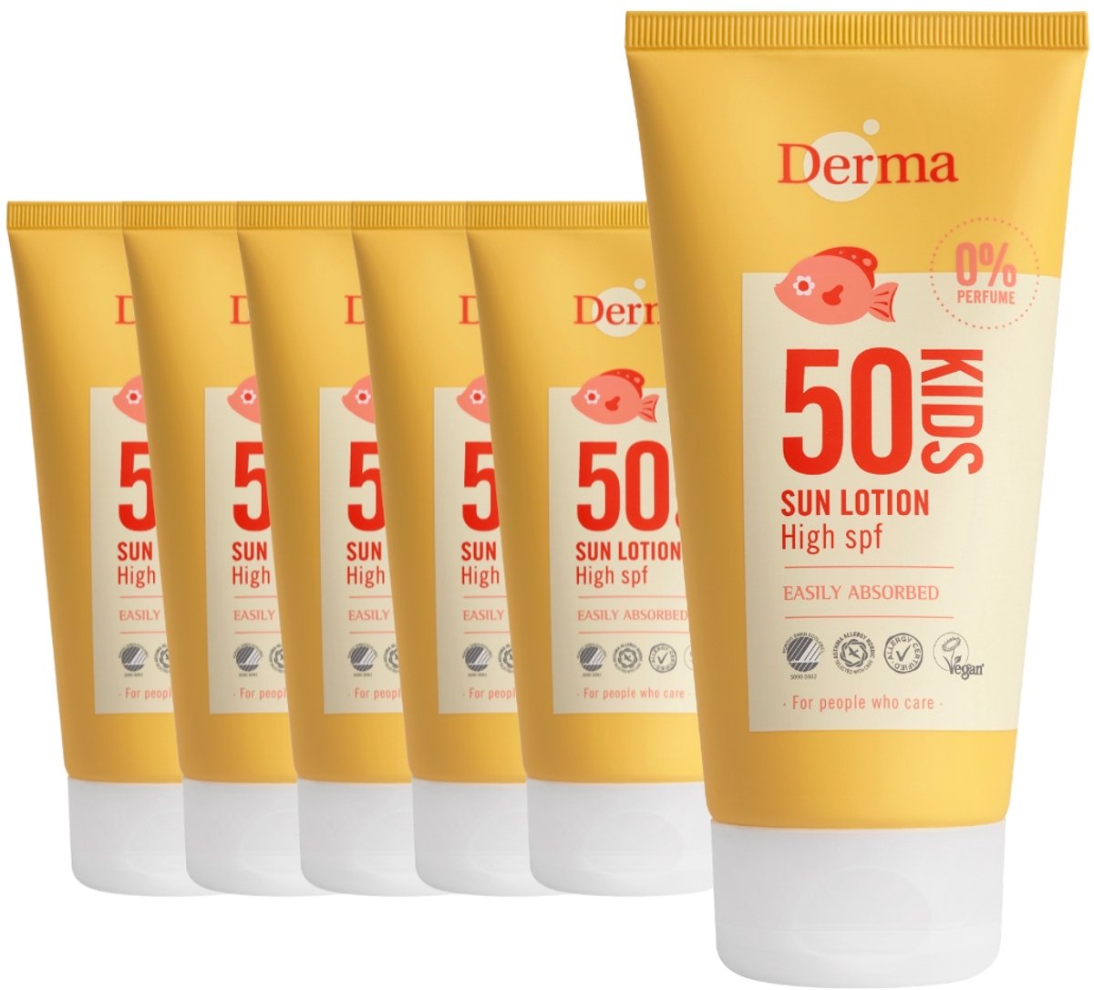 Derma Sun - Kids Zonnebrand SPF50+ - 6 x 150 ml - Extra Hoge Zonbescherming voor Kinderen - UVA en UVB Bescherming - Waterbestendig - Parfumvrij - AllergyCertified
