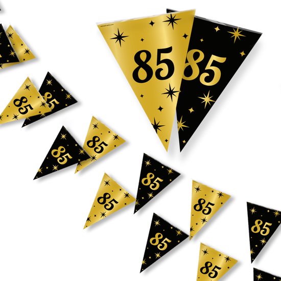 Zwarte en gouden slingers met sterren en het cijfer 85.