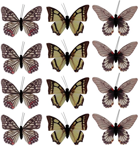 Cosensi- Decoratieve Vlinders 12-delige Set - Kleurrijke Decoratie - Metalen Clip - Zachte Veren/Tule - Glitter Accenten - Eenvoudig te Bevestigen - Decoratievlinders