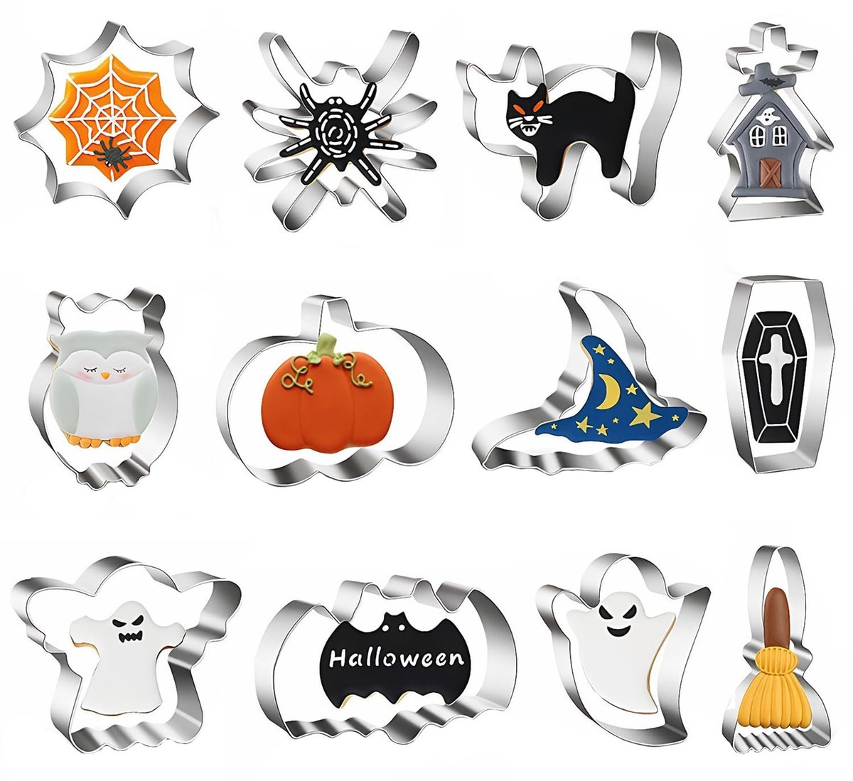 Cosensi- Koekjesvormen Duurzaam - 12 Stuks - Roestvrij Staal - Halloween Vormen - Pompoenen/Vleermuizen/Geesten/Spinnen - Bakgereedschap voor Feestelijke Lekkernijen - Uitstekers