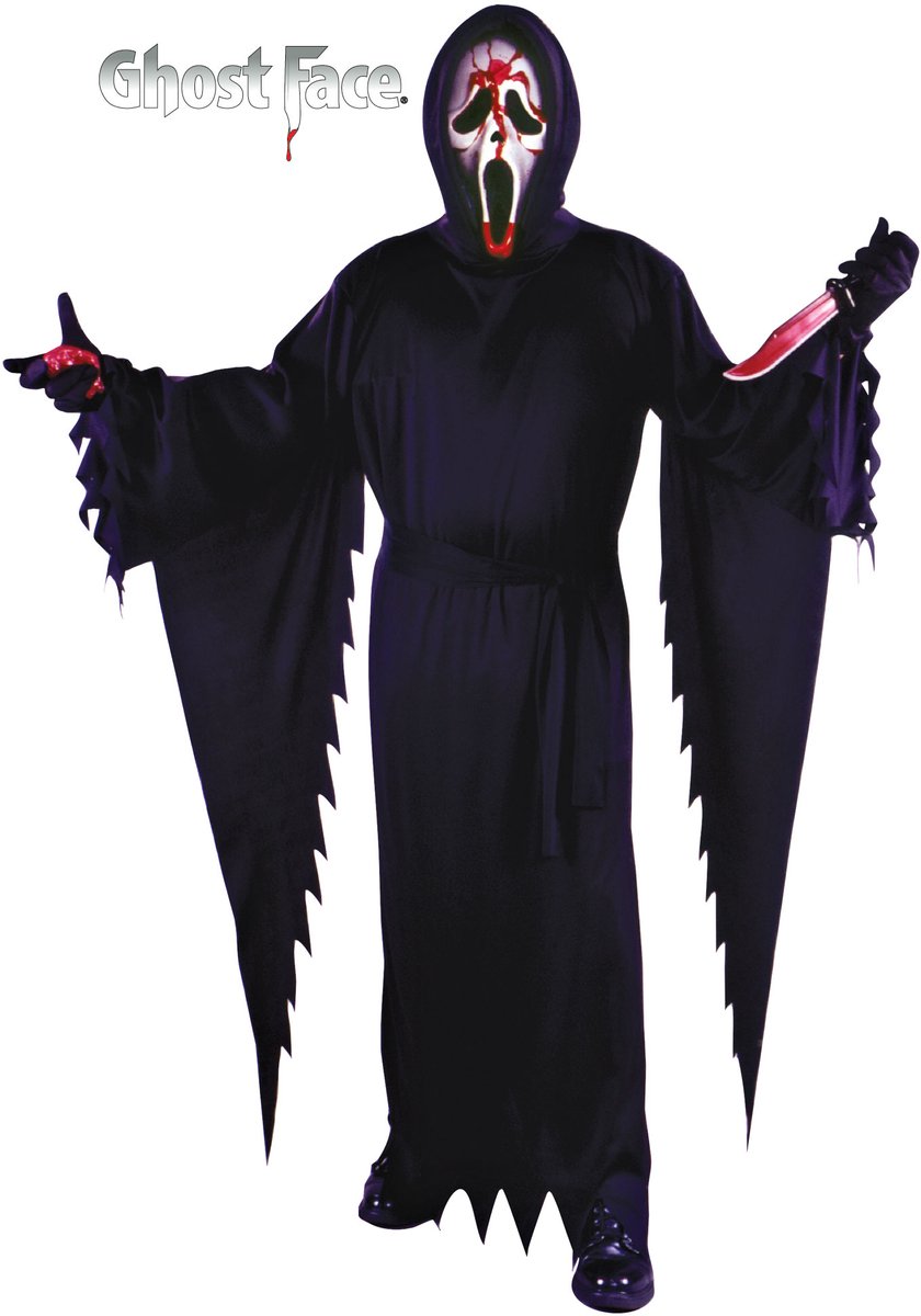 FUNWORLD 5-Delig Tuniek/Strikceintuur/Handschoenen/Bloedend Ghost Face-Masker met slang & hartvormige handpomp met 59,14 ml nepbloed Bleeding Ghost Face Costume Official Licence Halloween Kostuum Heren Verkleedkleren Volwassenen - One Size