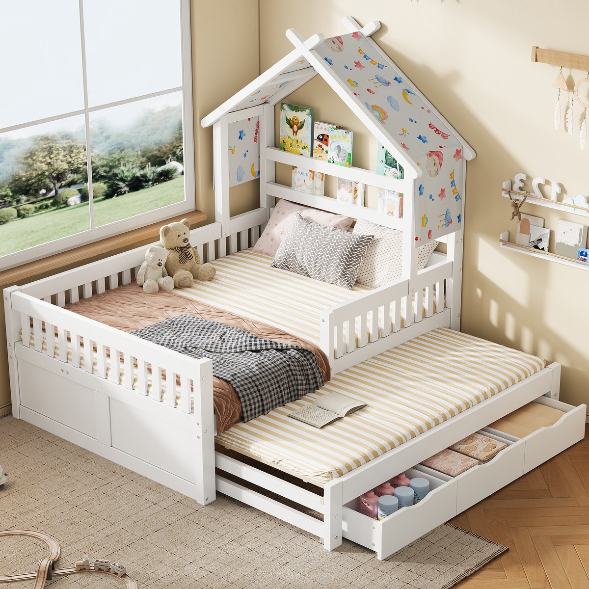 OKWISH Huisbed 140x200 cm - Met Uitschuifbed en 3 Lades - Met Veiligheidshek - Kinderbed Zonder Matras - Hout - Wit
