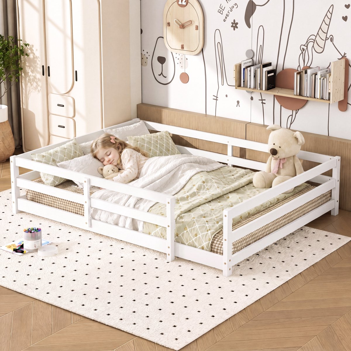 OKWISH Montessori Vloerbed 140x200 cm - Met 4-Zijdige Bedrand - Inclusief Lattenbodem - Kinderbed Massief Grenenhout - Wit - Zonder Matras