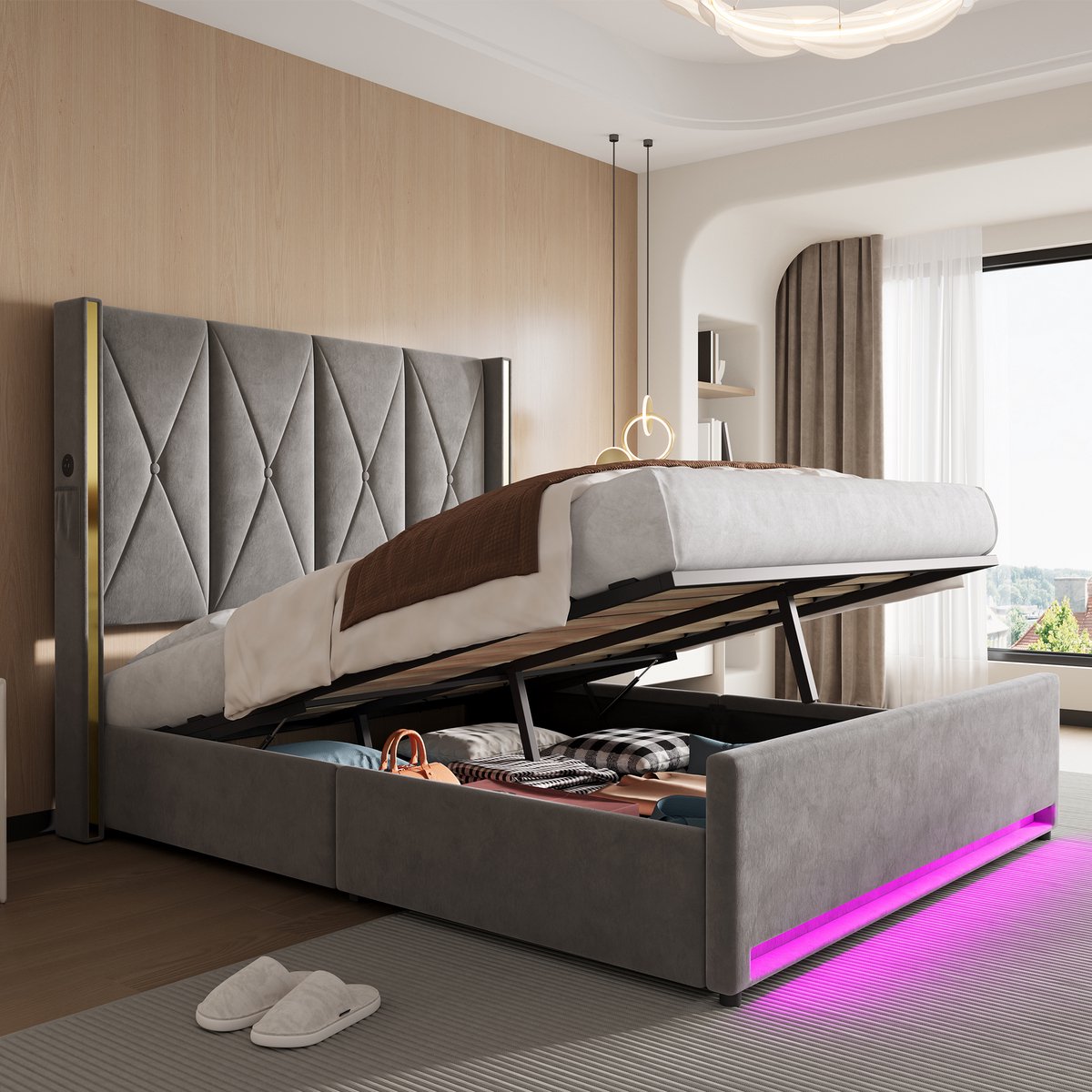 OKWISH Fluwelen Bed 160x200 cm - Met USB En Ledverlichting - Hydraulische Opbergruimte - Zonder Matras - Donkergrijs