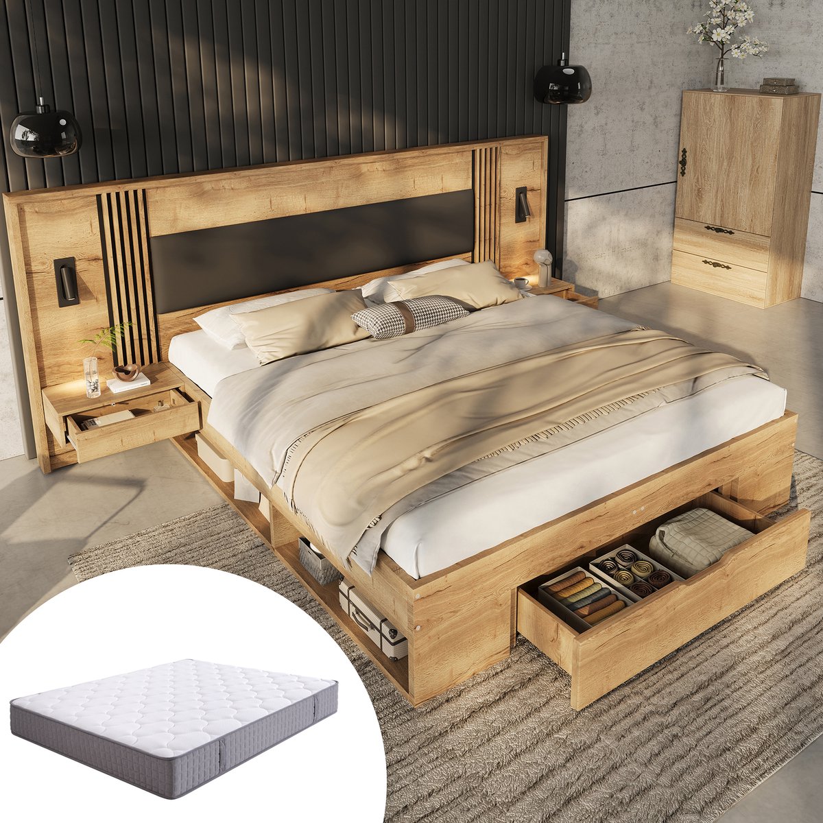 STILVORA Tweepersoonsbed 180x200 cm – Met Matras – Met Leeslampen – Met 5 Opbergvakken & 2 Nachtkastjes – MDF – Naturel Natuurlijk+Met matras