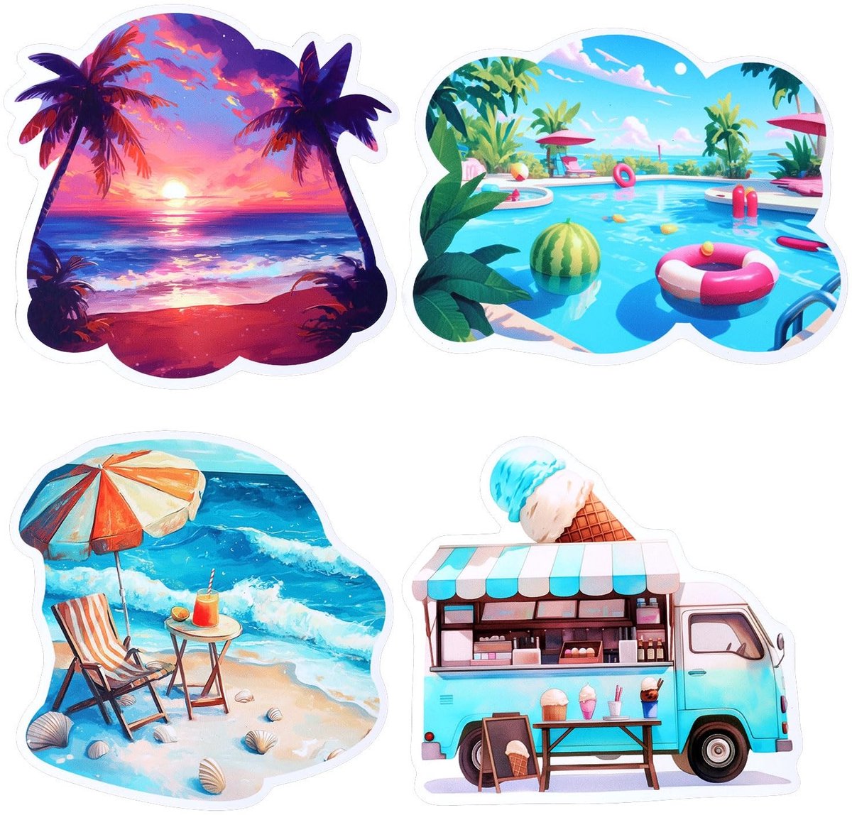 Dailygoods- Koelkastmagneten 4 Stuks - Strandthema Decoratie - Zomer Ijscowagen - Rubber Magneten - Vreugdevolle Sfeer - Keukenkastdecoratie