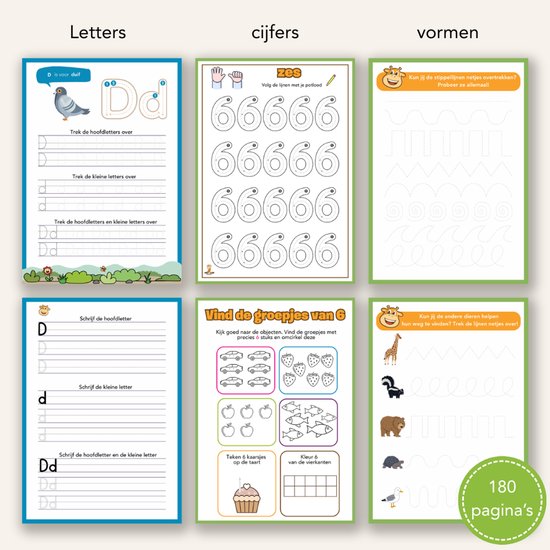 Overzicht van DotasToys werkboek pagina's: letters, cijfers, vormen, dieren. Oefenen met lijnen, dieren, letters, cijfers en vormen. 180 pagina's.